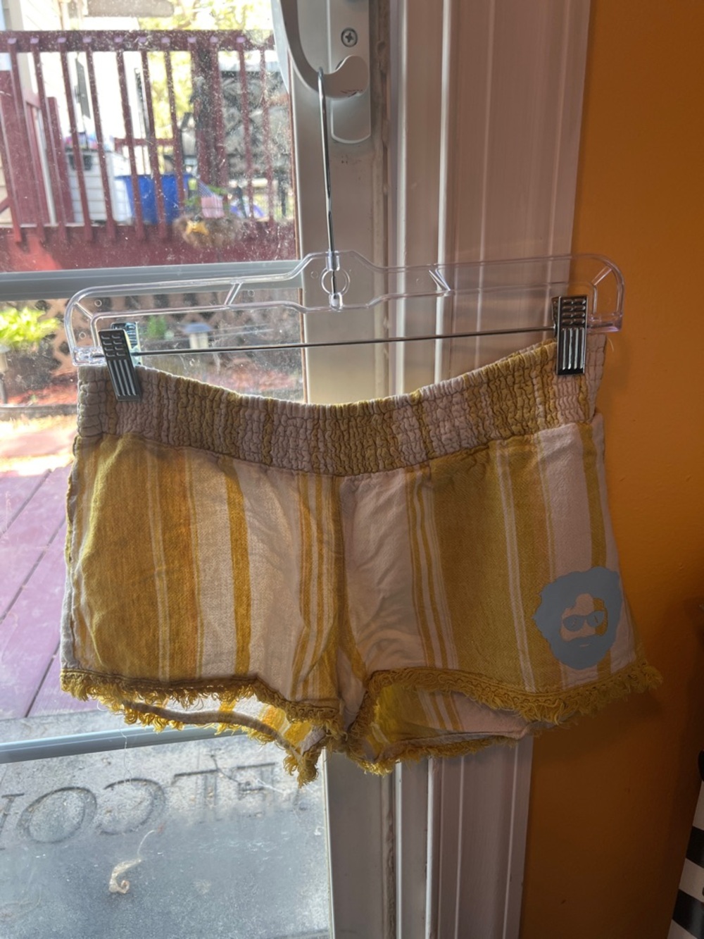Striped Yellow Cotton Blend Women's Elastic Waist Shorts, Blue HTV Jerry Garcia